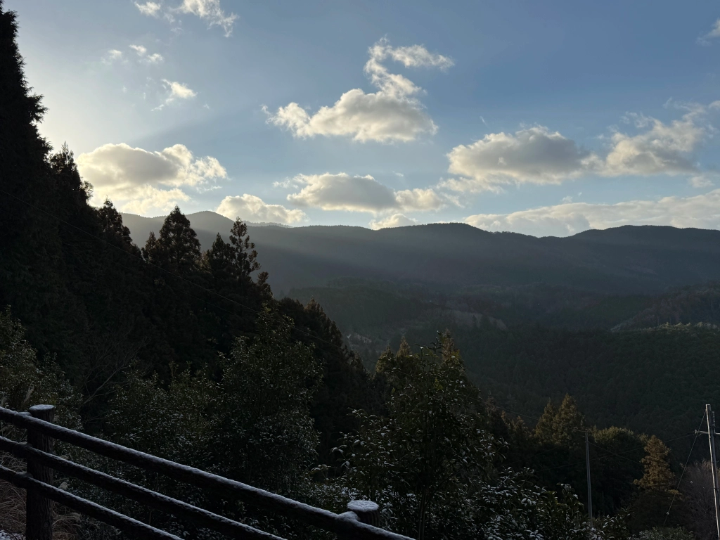 Rays of sunlight peek over the mountain and are scattered by small low-lying cumulus clouds, slowly warming up the lightly-frosted pine trees.