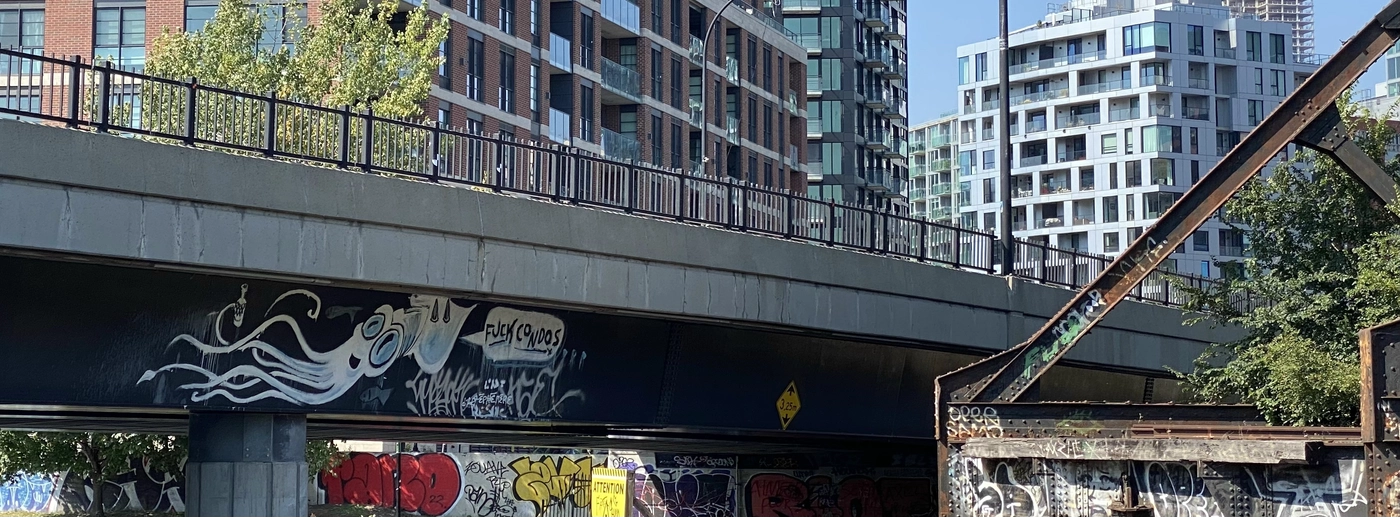 A squid with a speech bubble saying "Fuck Condos" is graffitied on the bottom of the bridge, above much other graffiti on the wall of the far bank, both sitting below various condiminium complexes.