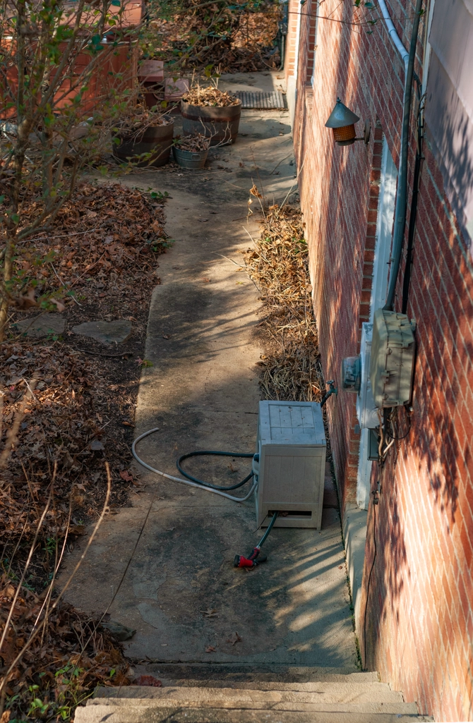 A concrete path goes alongside a brick wall on the right and beds of plants and dry leaves on the left. The wall has a bit of wiring and vents from the house and there is a rubber hose by the door. Most of it is in shadow from the plants but some light shines through.