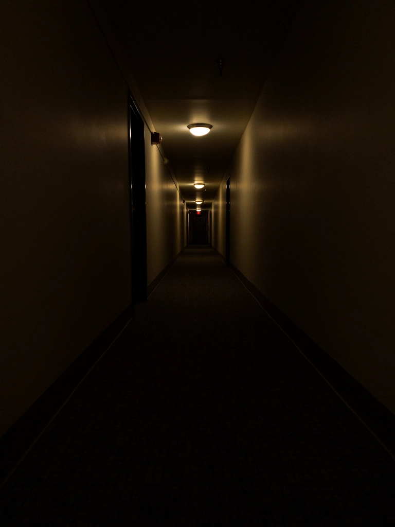 Interior hallway of an apartment building. It is quite dark