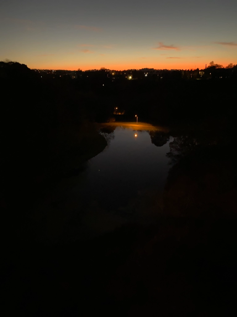 The same pond as the previous image, viewed from the same angle, only now it is after dusk with the sky barely glowing colors of orange and yellow near the horizon. A single streetlamp reflects in the farthest reaches of the pond.