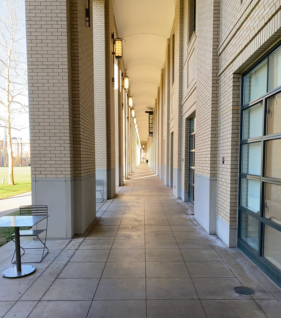 A long outdoor hallway lets in light through various columns. The tan bricks cooperate well with the golden sun outside to create a warm atmosphere.