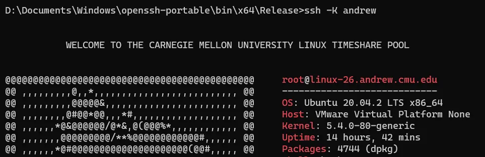 Screenshot of SSH using Kerberos to automatically log in to CMU servers